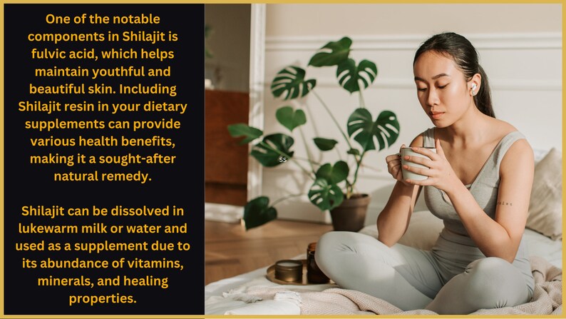 May include: A light gray tank top and leggings set worn by a person holding a light-colored ceramic mug. The image includes text about Shilajit, noting it contains fulvic acid, vitamins, and minerals, and can be dissolved in warm milk or water.