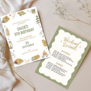 Faire-part d'anniversaire de camping + itinéraire | Modèle modifiable Canvas | Fête d'enfants autour d'un feu de camp | Camp d'été à télécharger | Invitation nature