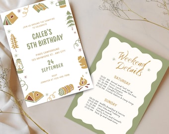 Invitación de cumpleaños de campamento: Itinerario para una fiesta infantil en la fogata (edición en Canva, descarga digital, tamaño 5 x 7 pulgadas)