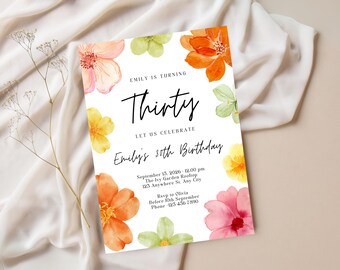 May include: A white invitation card featuring watercolour floral designs in pink, orange, yellow, and green. The text reads "Emily is turning Thirty, Let Us Celebrate Emily's 30th Birthday" with event details.