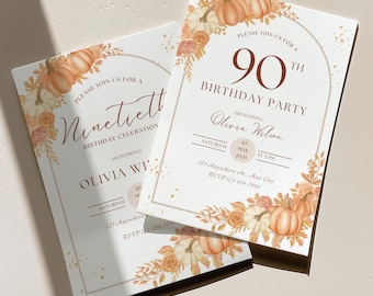 May include: Two birthday party invitations with a fall theme. The invitations feature a pumpkin and floral design with the text "90th Birthday Party" and "Ninetiett Birthday Celebration". The invitations are for Olivia Wilson.
