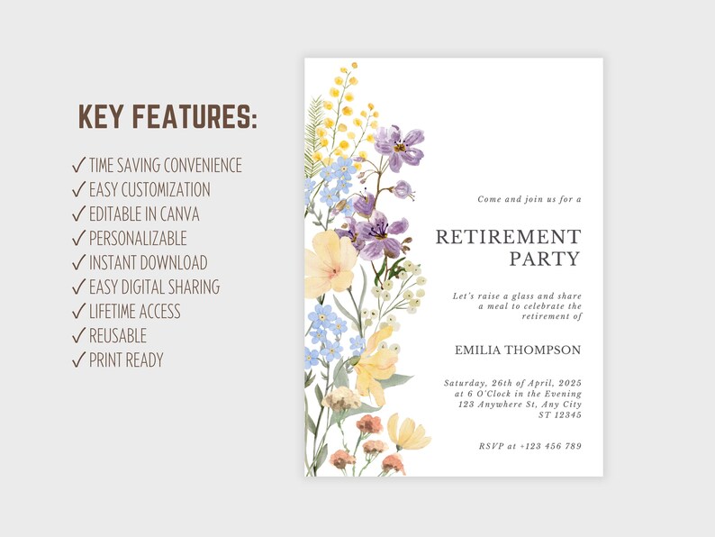May include: A white retirement party invitation with floral watercolor accents in yellow, purple, and blue. The invitation includes the text "RETIREMENT PARTY" and event details. Key features include easy customization and instant download.