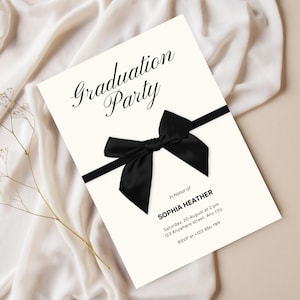 Faire-part de remise des diplômes coquette noir avec nœud papillon, faire-part de remise des diplômes délicat à imprimer DIY pour la promotion 2025, carte d'invitation personnalisée