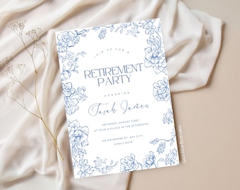 Blue Floral Retirement Party Invitation: Editable Canva Template (Digital Download)