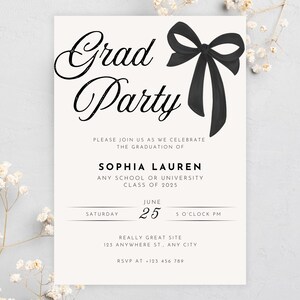 Faire-part de remise des diplômes coquette noir avec nœud papillon, faire-part de remise des diplômes délicat à imprimer DIY pour la promotion 2025, carte d'invitation personnalisée