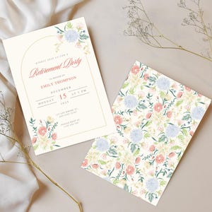 Modèle modifiable d'invitation à une fête de la retraite Design floral, impression d'invitation sur toile, téléchargement numérique sur toile, thème du jardin, aquarelle de fleurs sauvages