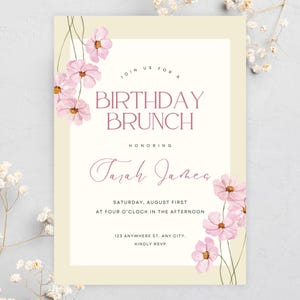 Modelo de convite para brunch de aniversário | Design editável de flores silvestres em rosa | Convite para festa de primavera no jardim no Canva | Download para impressão