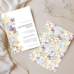 May include: Two white retirement party invitations with floral designs. One invitation features text and a floral border with purple, yellow, and blue flowers. The other has a full floral pattern.