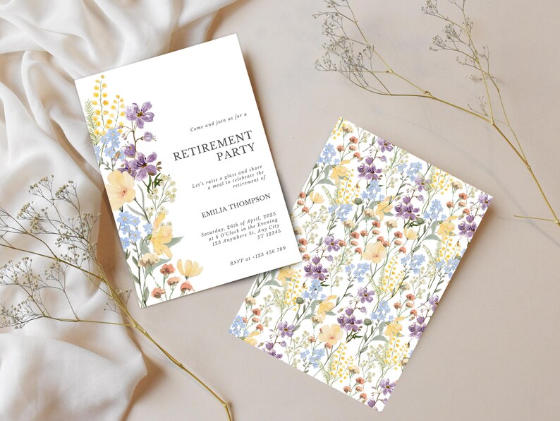May include: Two white retirement party invitations with floral designs. One invitation features text and a floral border with purple, yellow, and blue flowers. The other has a full floral pattern.