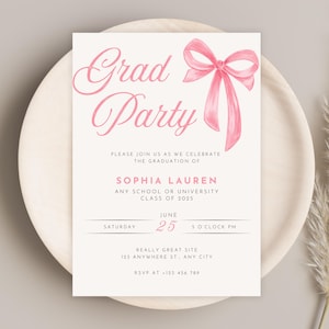 Faire-part de fête de remise des diplômes coquette rose avec nœud papillon, faire-part de remise des diplômes délicat, bricolage imprimable pour la promotion 2025, carte d'invitation personnalisée