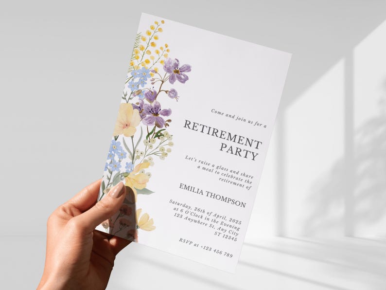 May include: A white retirement party invitation with floral accents in yellow, purple, and blue. The invitation includes the text "RETIREMENT PARTY" and details for the event, including the name "EMILIA THOMPSON".