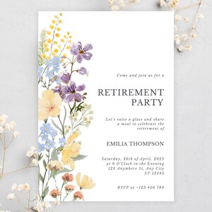 May include: A white invitation card with floral watercolor illustrations in yellow, purple, and blue. The text reads "Retirement Party" with event details and RSVP information.
