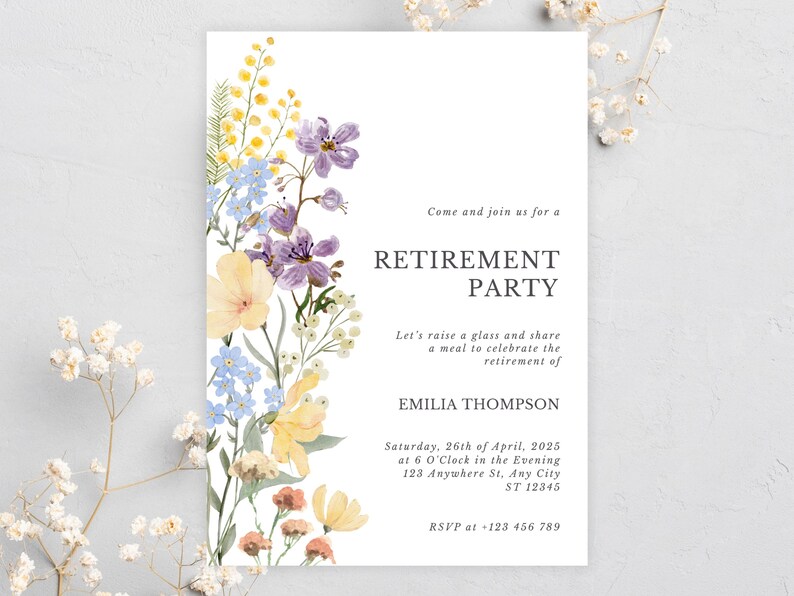 May include: A white invitation card with floral watercolor illustrations in yellow, purple, and blue. The text reads "Retirement Party" with event details and RSVP information.