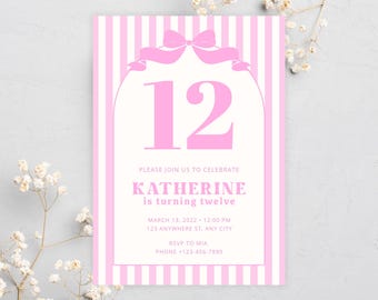 May include: Pink and white striped invitation card with the number 12 in pink. The text reads "Please join us to celebrate Katherine is turning twelve" with event details. A bow and ribbon design is at the top.