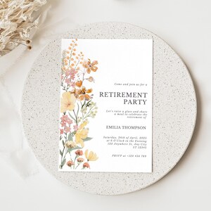 May include: A white invitation card for a retirement party, featuring floral watercolor illustrations in shades of yellow, peach, and pink. The text reads "Retirement Party" and includes event details and RSVP information.