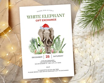 May include: White Elephant Gift Exchange invitation. The invitation features an illustration of an elephant wearing a Santa hat, surrounded by tropical plants. The text includes the date, time, and RSVP information.