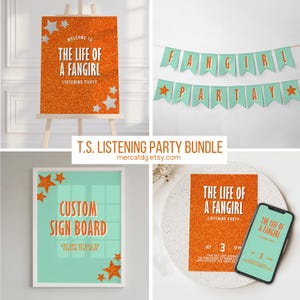 May include: A collection of party decorations with a theme. Includes a sign on an easel, a banner, a framed sign, and a party invitation on a phone. The signs have orange glitter backgrounds and star accents. Text includes "The Life of a Fangirl" and "Custom Sign Board."