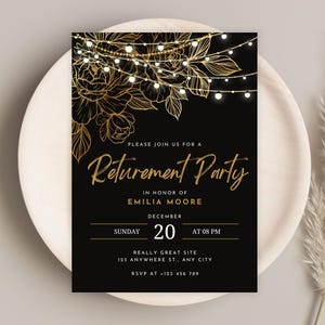 Modèle noir et or d'invitation pour une retraite de Zazzle.be Liste d'envies Vous avez des idées ? Conception de toile modifiable | Invitation imprimable moderne élégante | Téléchargement numérique
