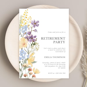 Modèle d'Invitation à la fête de la retraite modifiable - thème floral jardin, aquarelle de fleurs sauvages d'adieu, toile imprimable inviter en téléchargement numérique