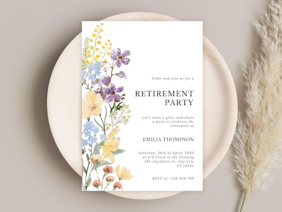Floral Retirement Party Invitation: Watercolor Wildflower Design (Canva Template Digital Download)