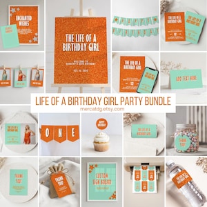 Könnte beinhalten: Eine Sammlung von Partyzubehör in Orange und Türkis. Zu den Artikeln gehören ein großes Schild mit der Aufschrift "The Life of a Birthday Girl", Banner, Karten und ein Cupcake-Topper. Das Thema ist eine Geburtstagsfeier.