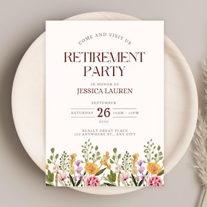 Modèle modifiable d'invitation à une fête de la retraite Design floral, impression d'invitation sur toile, téléchargement numérique sur toile, thème du jardin, aquarelle de fleurs sauvages