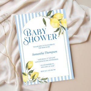 Modelo de convite para chá de bebê com limão | Tema Limoncello Azul | Design editável do Canva | Download digital para impressão | Convite DIY para festa com frutas cítricas