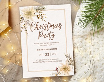 Op de afbeelding: Een uitnodiging voor een kerstfeest met bloemaccenten. De uitnodiging bevat de tekst "Christmas Party" in een decoratief lettertype, samen met evenementdetails. Het ontwerp bevat aquarel poinsettia's en groen, met een warm kleurenpalet.