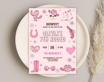 May include: Pink invitation with a pink and white checked design. It says "Howdy! Saddle up and join us for Olivia's 7th Rodeo" with a date and time. There are various western-themed illustrations.