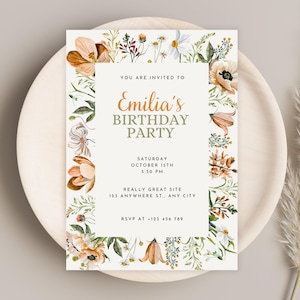 Convite de aniversário rústico editável com flores silvestres – Modelo de festa floral boho no jardim – Convite personalizado para impressão faça você mesmo para mulheres com download instantâneo