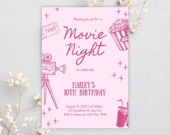 Convite EDITÁVEL PARA NOITE DE CINEMA, Festa do Pijama do Cinema no Quintal, Convite de Aniversário para Festa do Pijama com Ingresso de Cinema, Modelo Rosa para Imprimir