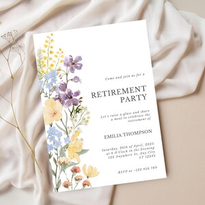 May include: A white invitation card with floral watercolor illustrations and the text "RETIREMENT PARTY". The card features yellow, purple, and blue flowers. The invitation includes the name "EMILIA THOMPSON" and event details.