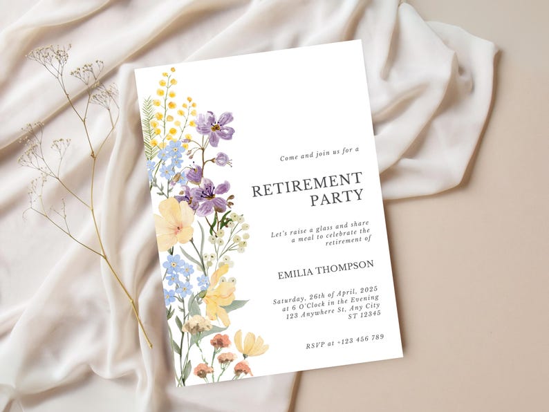 May include: A white invitation card with floral watercolor illustrations and the text "RETIREMENT PARTY". The card features yellow, purple, and blue flowers. The invitation includes the name "EMILIA THOMPSON" and event details.