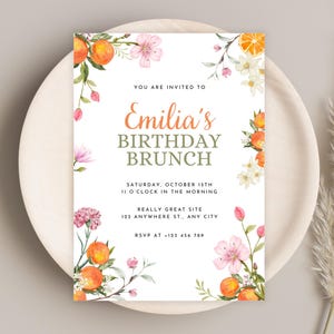 d'invitation pour un brunch d'anniversaire | Motif floral orange, agrumes et rose modifiable | Invitation sur toile | Carte imprimable Garden Party