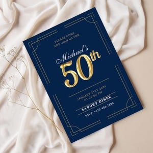 男性向け50歳の誕生日招待状 | ブルーとゴールドのテーマ | 編集可能なCanvaテンプレート | 印刷可能なデジタルダウンロード | エレガントでモダンなパーティー招待状