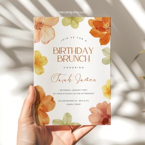 Birthday Brunch Invitation Template | Rustic Orange Floral Canva Invite | Editable Garden Party Card | Printable Brunch Invite