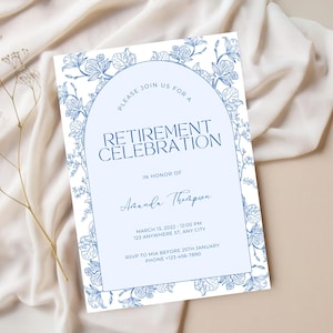 Modèle d'invitation à une fête de retraite modifiable - thème floral bleu, invitation d'adieu aquarelle, modèle de toile imprimable, téléchargement numérique