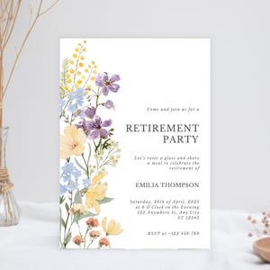 May include: A white invitation card with floral watercolor illustrations in yellow, purple, and blue. The text reads "Retirement Party" with event details and RSVP information.