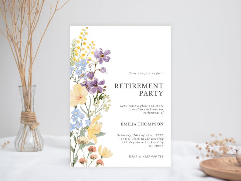 May include: A white invitation card with floral watercolor illustrations in yellow, purple, and blue. The text reads "Retirement Party" with event details and RSVP information.