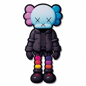 May include: A black and white cartoon character with a blue and pink head and a black puffer jacket. The character has rainbow colored legs and black shoes.