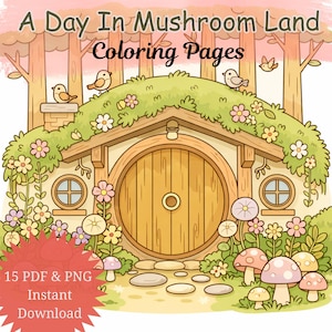 Cute Relaxing Kawaii Mushroom Coloring Pages Printable | Cottagecore Cozy Coloring Sheets PDF PNG