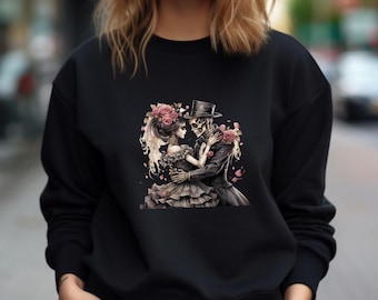 Gothic Skeleton Couple Sweatshirt: Victorian Rose Design