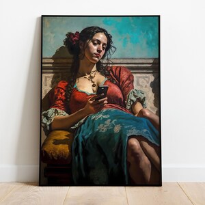 Bored Woman on her Phone | Vintage Art | Woman Portrait | Latina | Independent Woman | Printable Art | Colorful Wall Art | Lost in Thought