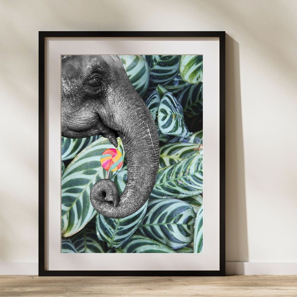 Elli the Happy Elephant with Lollipop Printable Wall Art | Elephant Photo | Jungle Art Print | Digital Download | Green and Gray