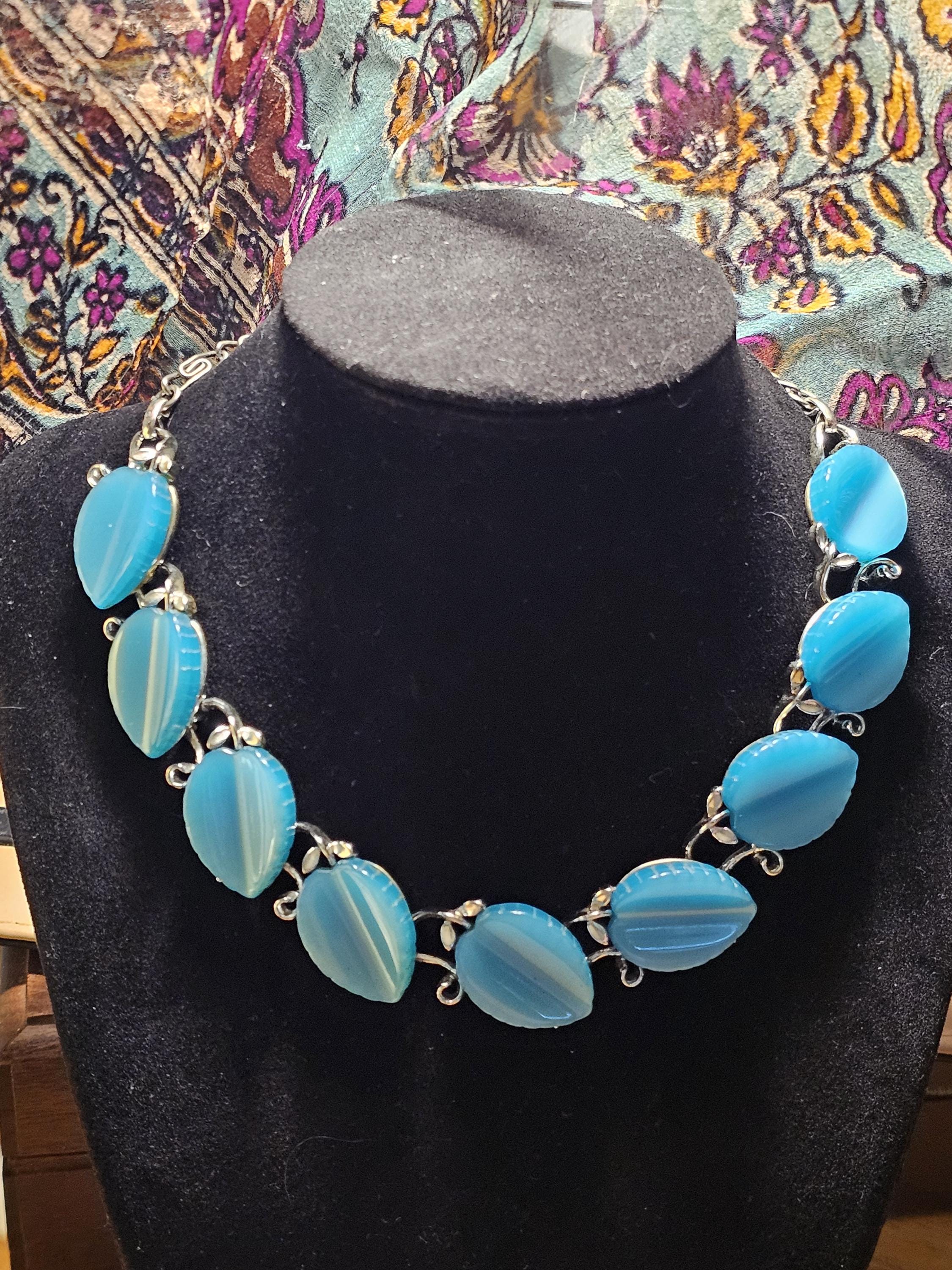 Vintage Lisner Thermoset Aqua Blue, Silver Tone Necklace