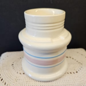 May include: Cream-colored ceramic jar with a cylindrical top and a wider base. The jar features horizontal ridges near the top and is decorated with a pink and blue stripe around the middle. The jar is sitting on a white, crocheted doily.