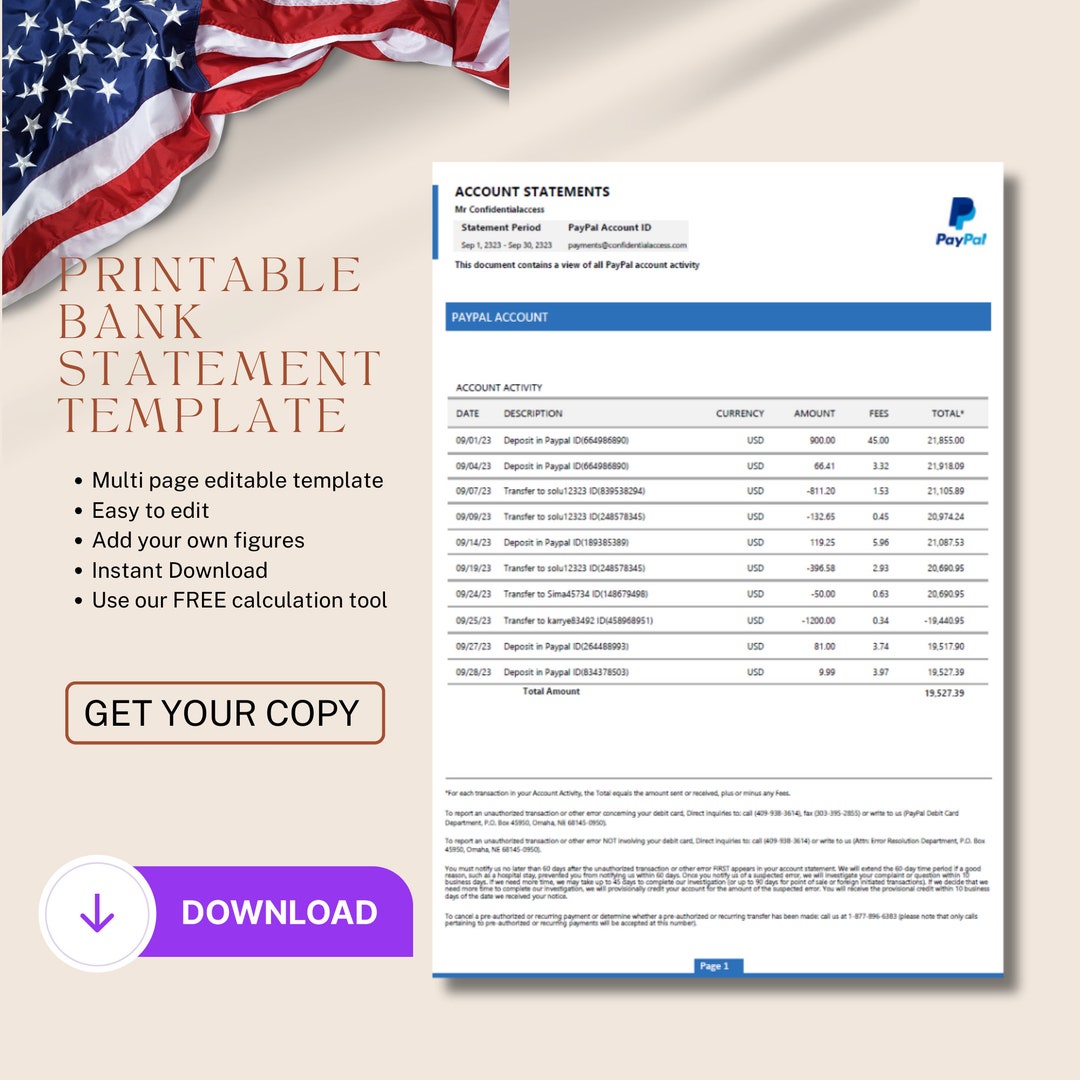 Paypal Bank Statement Template Printable Personal Finance - Etsy