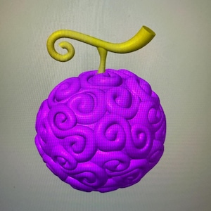 May include: A vibrant purple, spherical fruit with a textured surface and a yellow, curved stem. The fruit's design features intricate, swirling patterns across its surface, and the stem has a curled end. The overall design is reminiscent of a fantasy fruit.