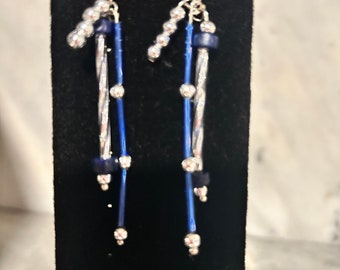 Three-strand Cobalt blue and silver bead earrings