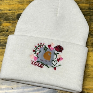 Carhartt Embroidered Beanie, Embroidered Women's Winter Hat, Embroidered Carhartt Valentines Beanie, Carhartt Valentines, Gift for Her, XOXO